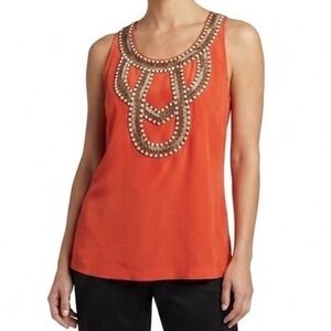 Trina Turk 100% Silk Beaded Tank Top Size S Orange-Red Racerback